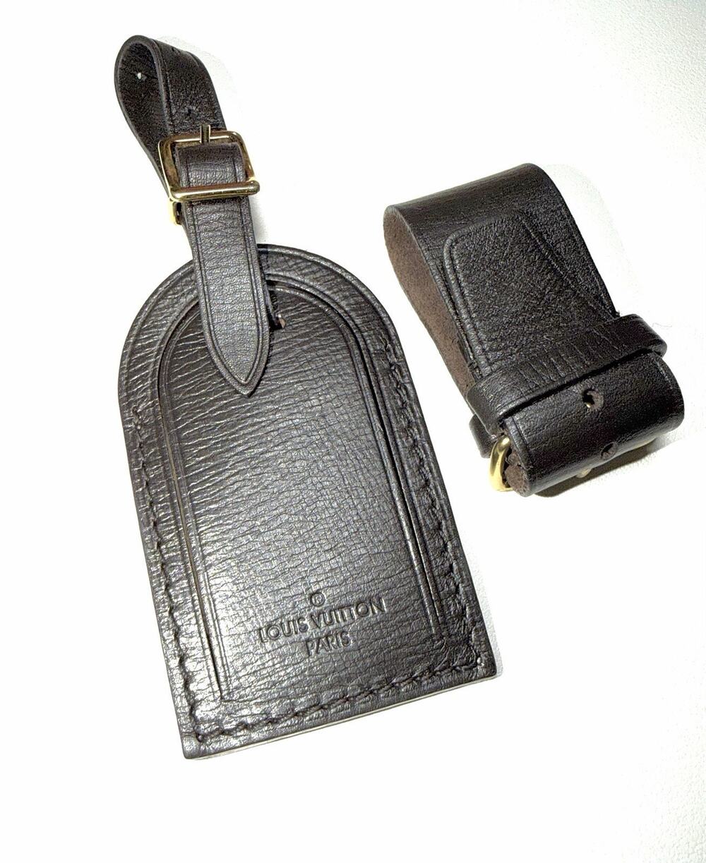 Louis Vuitton Black Leather Name Tag w/ Strap 1 Set Grained Goldtone